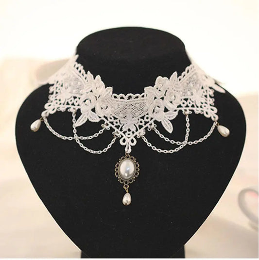 Imitation Pearl White Lace Choker Necklaces Bridal Jewelry.