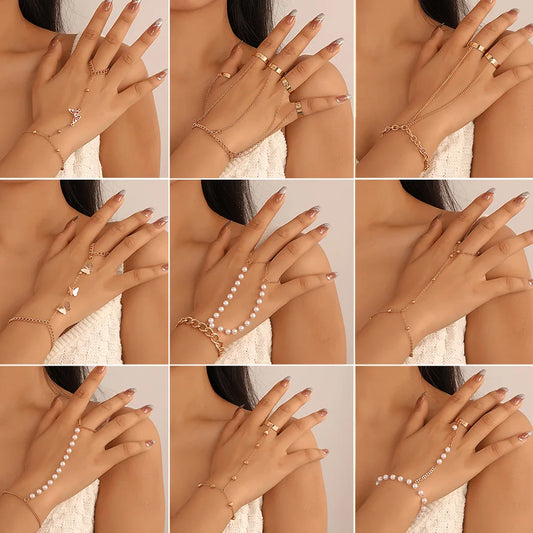 New Style Pearl Butterfly Link Chain Bracelet Connected Finger Ring .