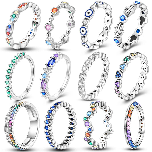 100% 925 Sterling Silver Classic Heart Rings Sparkling Colorful Zircon Blue Eyes.